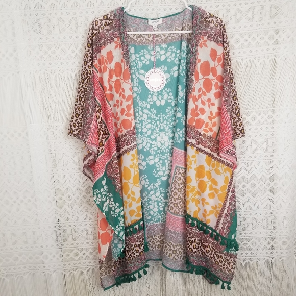 Umgee Sweaters - Umgee Muti Print Kimono Tassels Boho Oversized